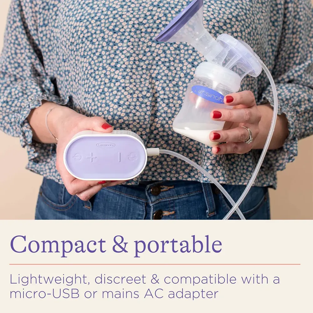 breast feeding mom shows how Lansinoh Compact Single Electric Breast Pump looks and its features